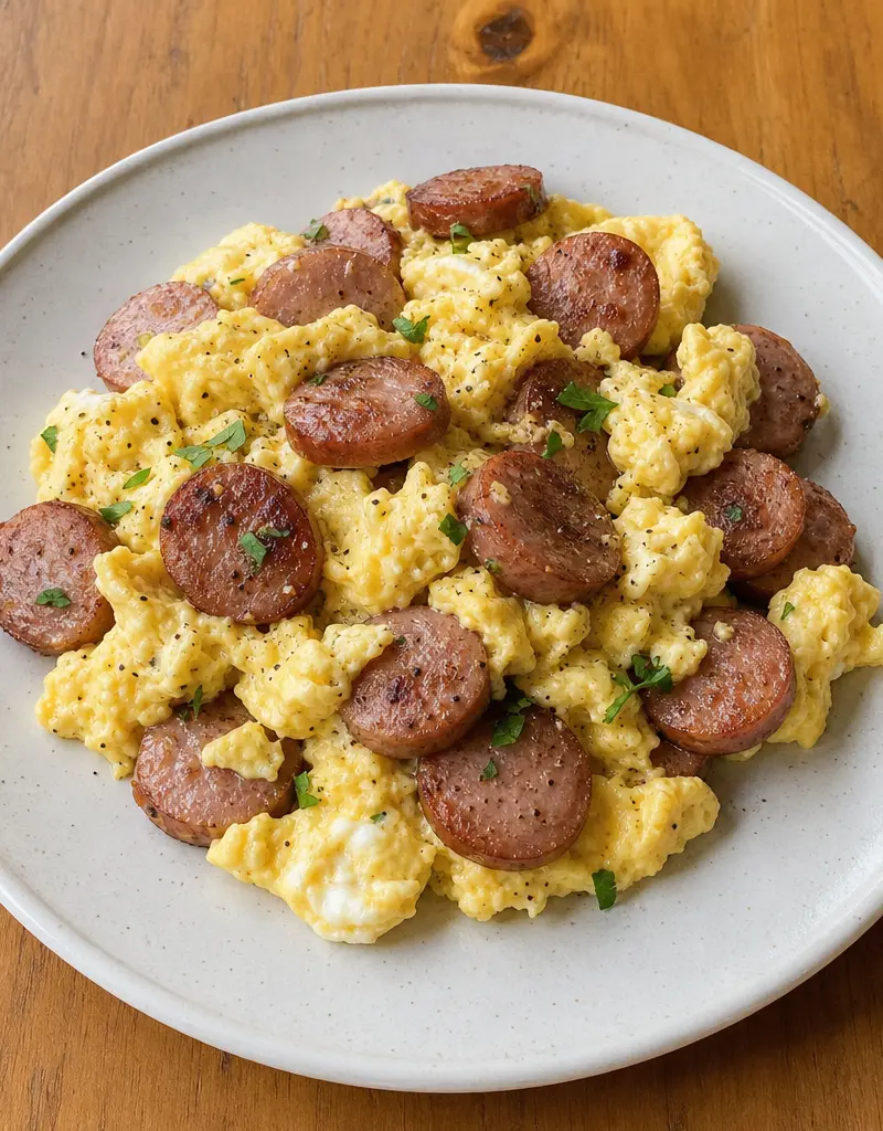 Sausage and Scrambled Eggs prepared dish