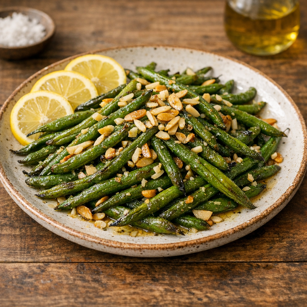 Mediterranean Roasted Green Beans With Slivered Almonds prepared dish