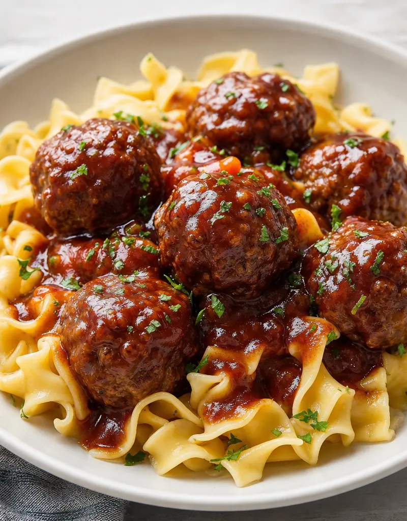 Barbecue Beef Meatballs with Egg Noodles