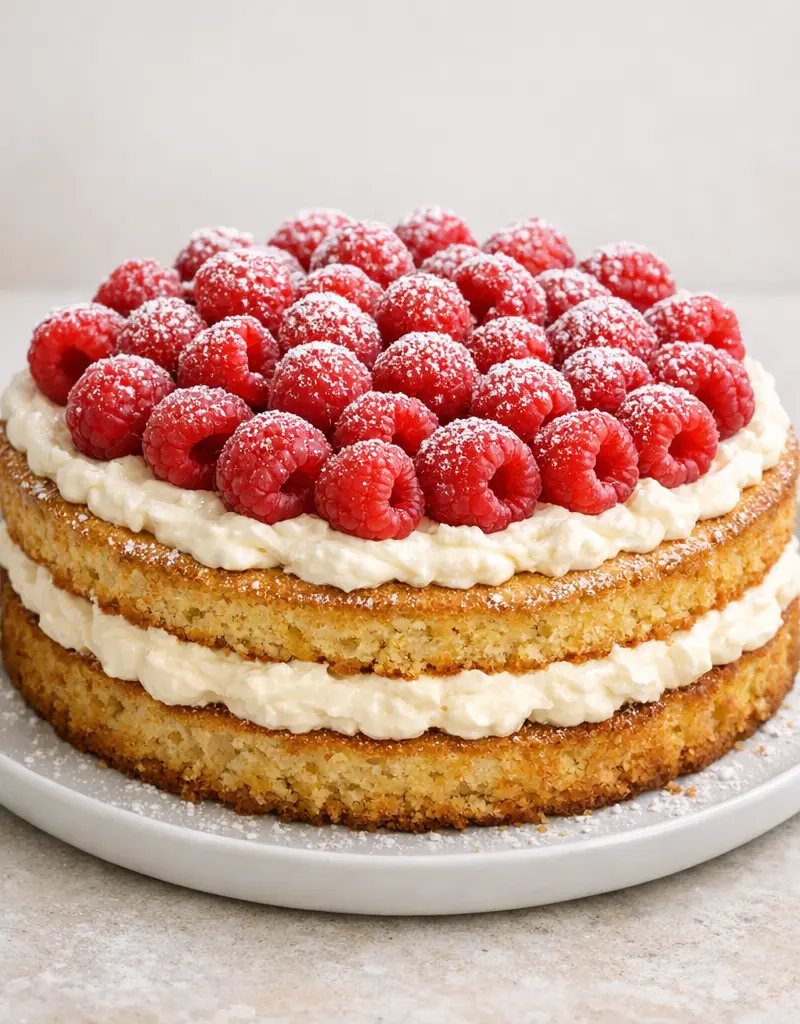 Raspberry Almond Mascarpone Cake prepared dish