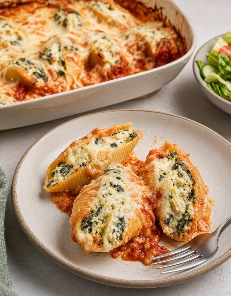 Spinach and Artichoke Stuffed Shells prepared dish