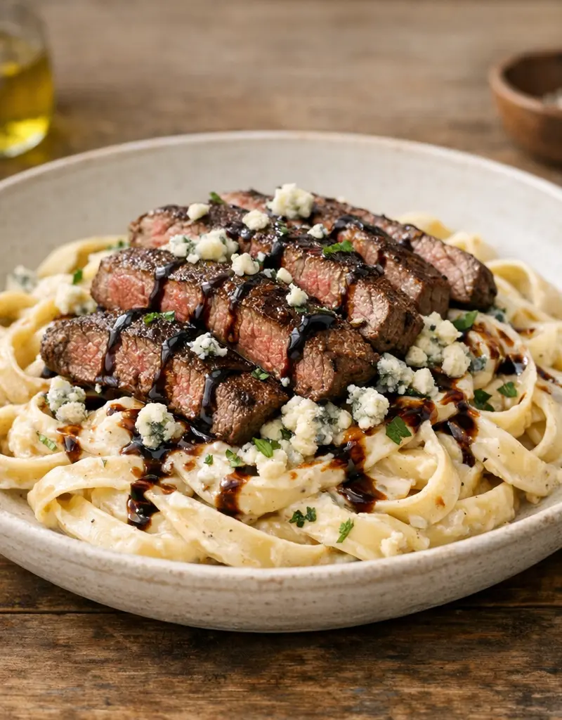 Steak Gorgonzola Alfredo With Reduced Balsamic prepared dish