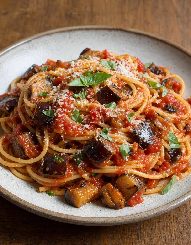 Pasta with Eggplant and Tomato Sauce prepared dish