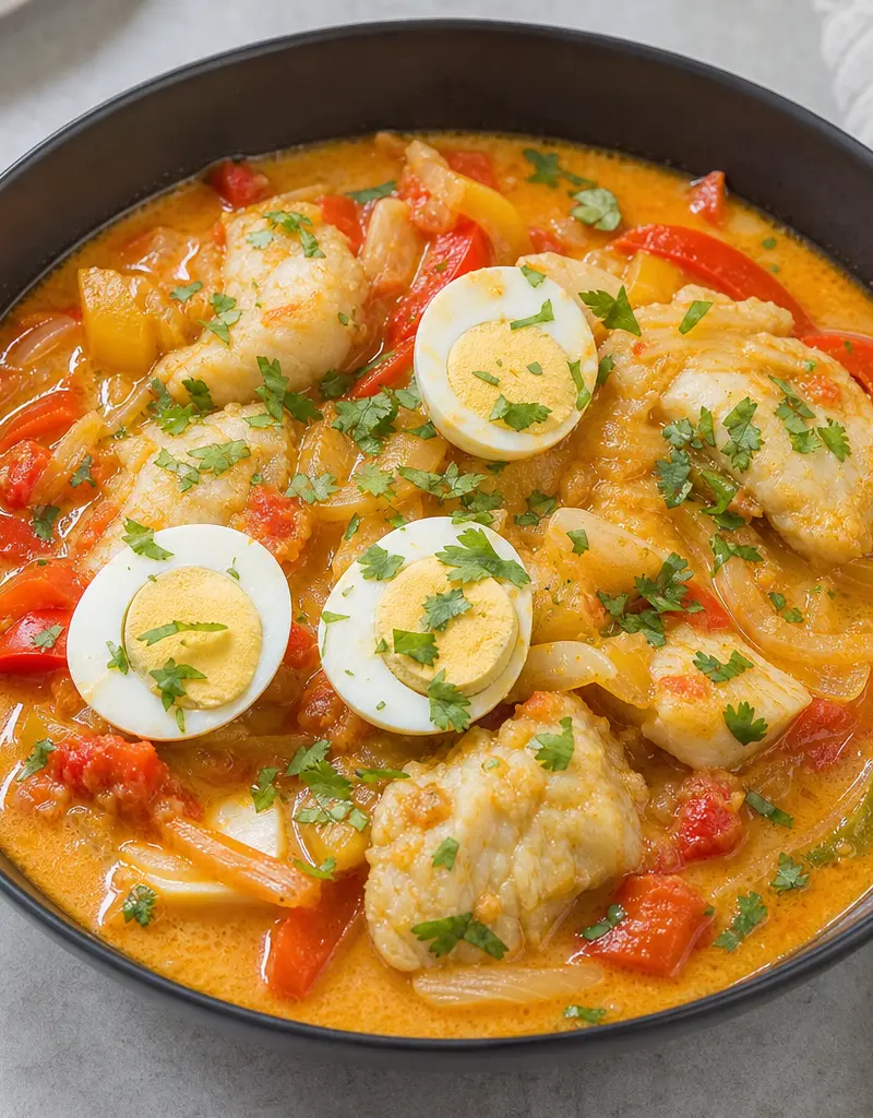 Moqueca: Brazilian Fish Stew with Boiled Eggs prepared dish