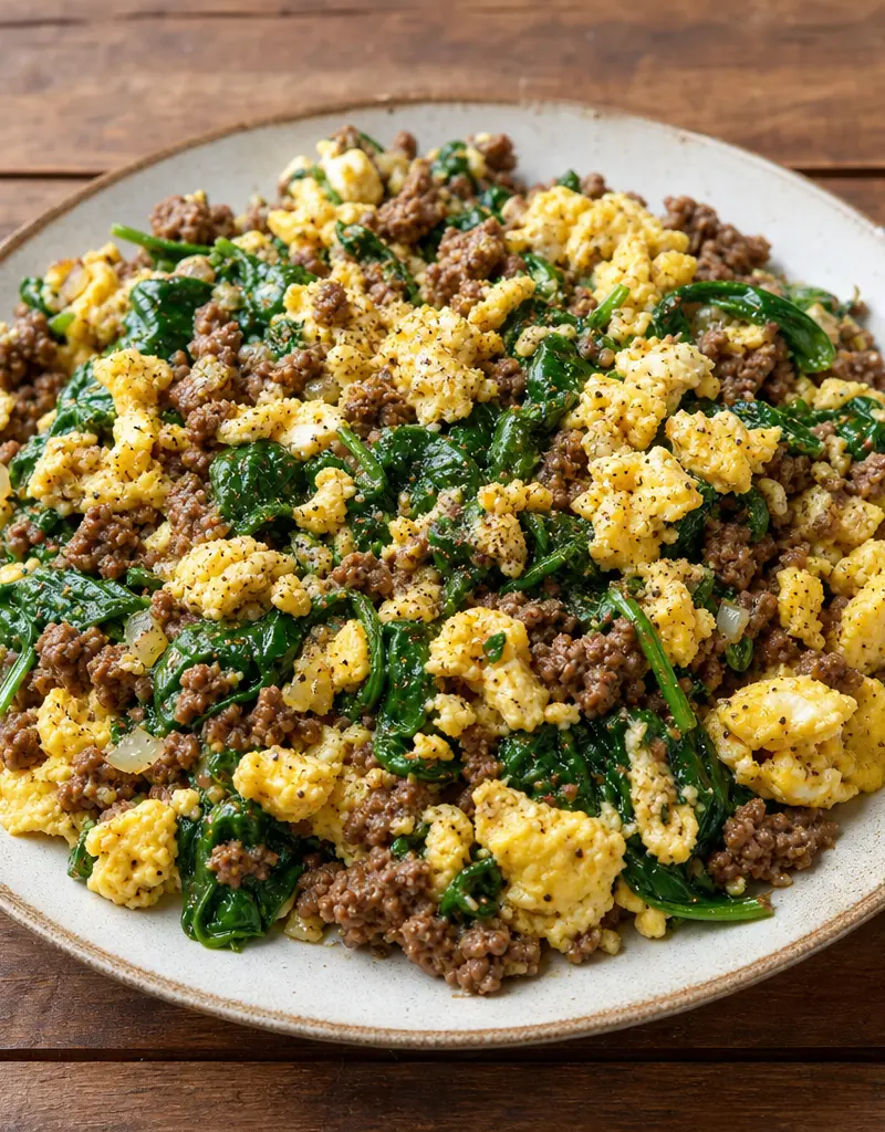 Ground Beef and Spinach Scramble with Eggs prepared dish