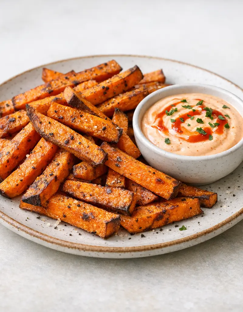 Sweet Potato Fries With Sriracha Cream prepared dish