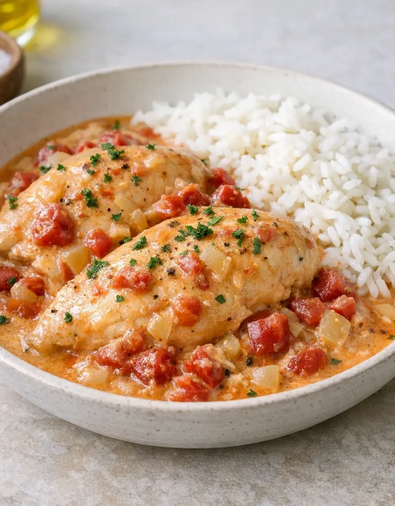 Slow Cooker Chicken With Tomato And Cream Sauce prepared dish