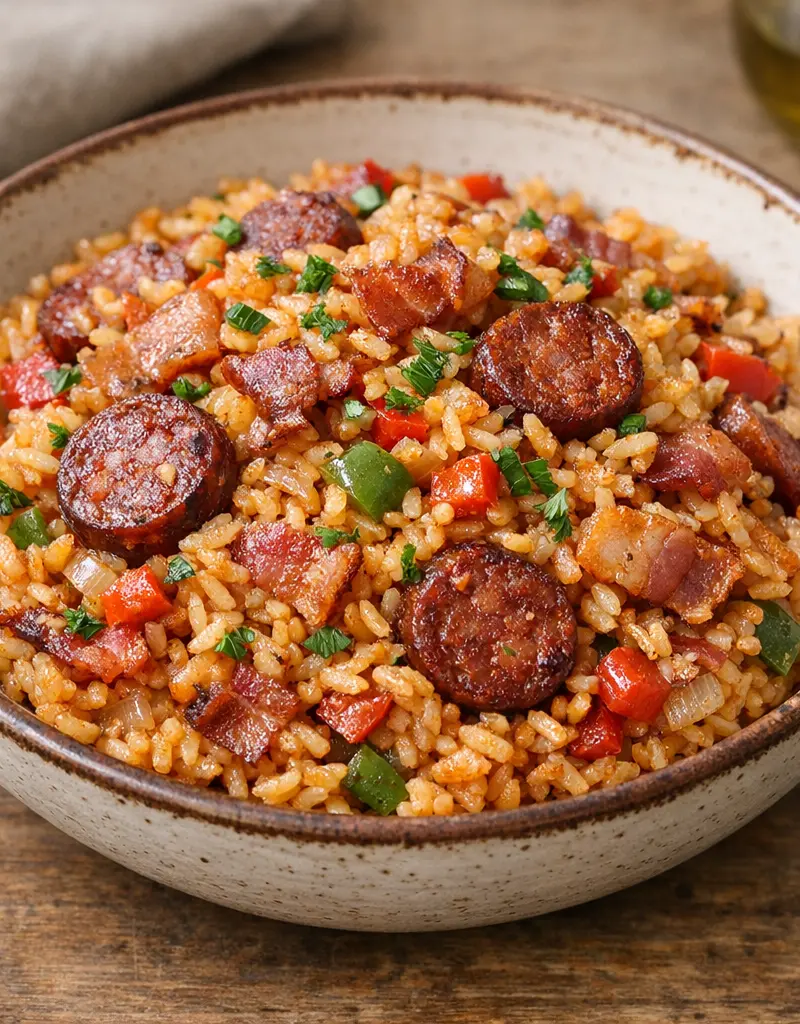 Spanish Rice With Sausage And Bacon prepared dish
