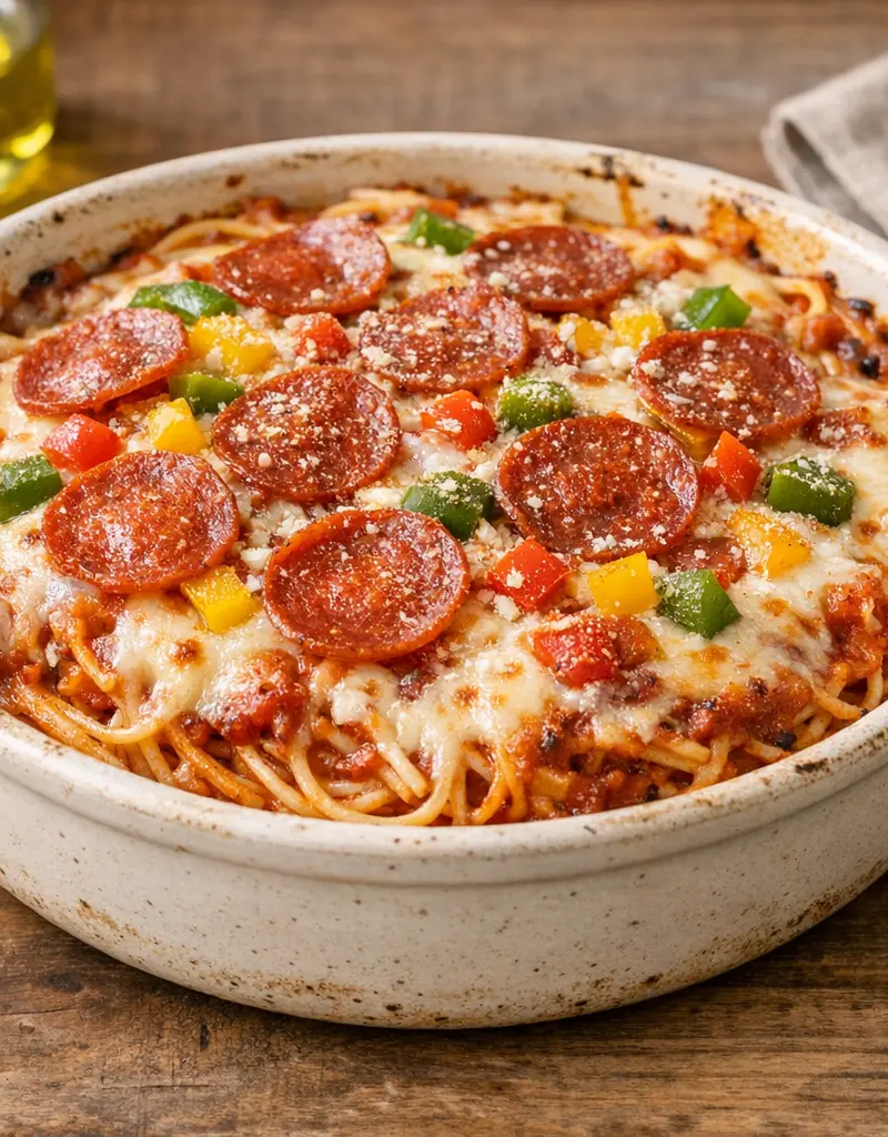 Spaghetti Pizza Bake prepared dish