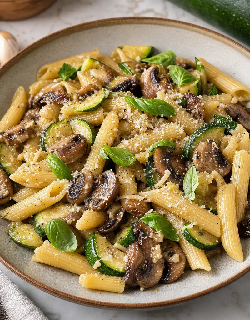 Zucchini Mushroom Pasta Skillet prepared dish