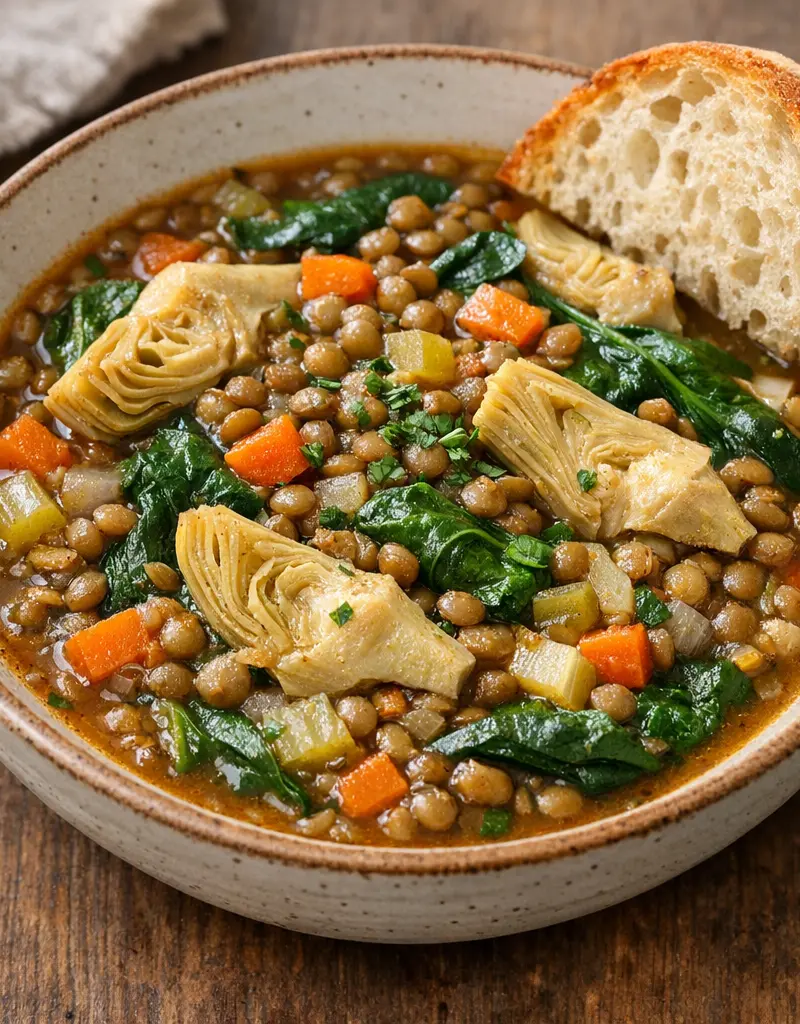 Lentil Stew With Artichokes And Spinach prepared dish