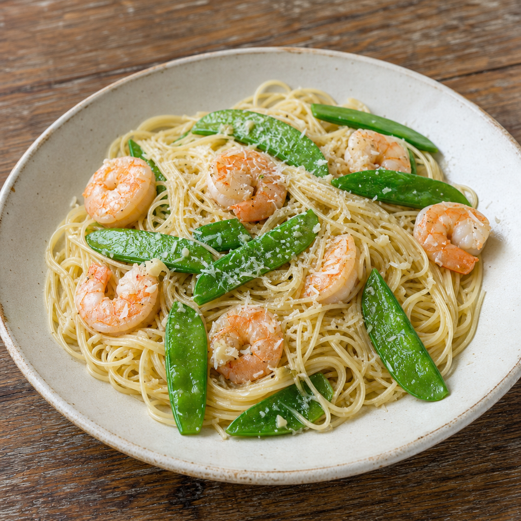 Angel Hair Pasta with Shrimp and Snow Peas prepared dish
