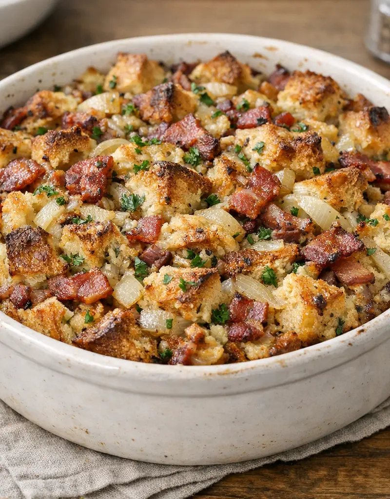 Savory Bacon, Onion, And Herb Bread Pudding prepared dish