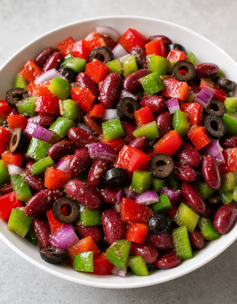 Spanish Bean Salad with Bell Peppers and Olives prepared dish