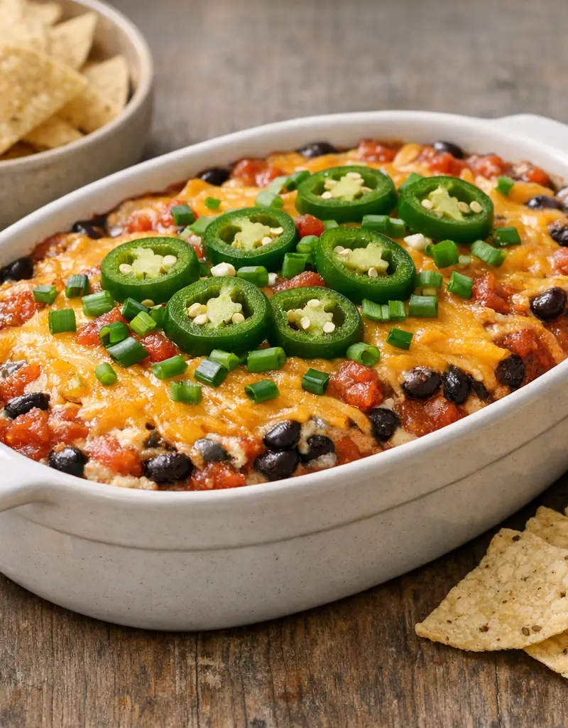 Layered Nacho Cheese Dip prepared dish