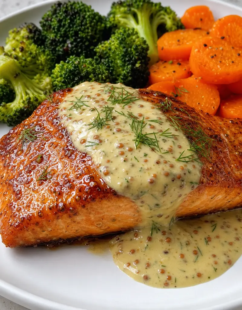 Brown Sugar Glazed Salmon with Maple Mustard Dill Sauce prepared dish