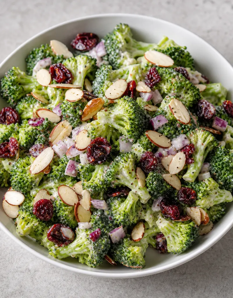 Broccoli Salad with Cranberries and Almonds prepared dish