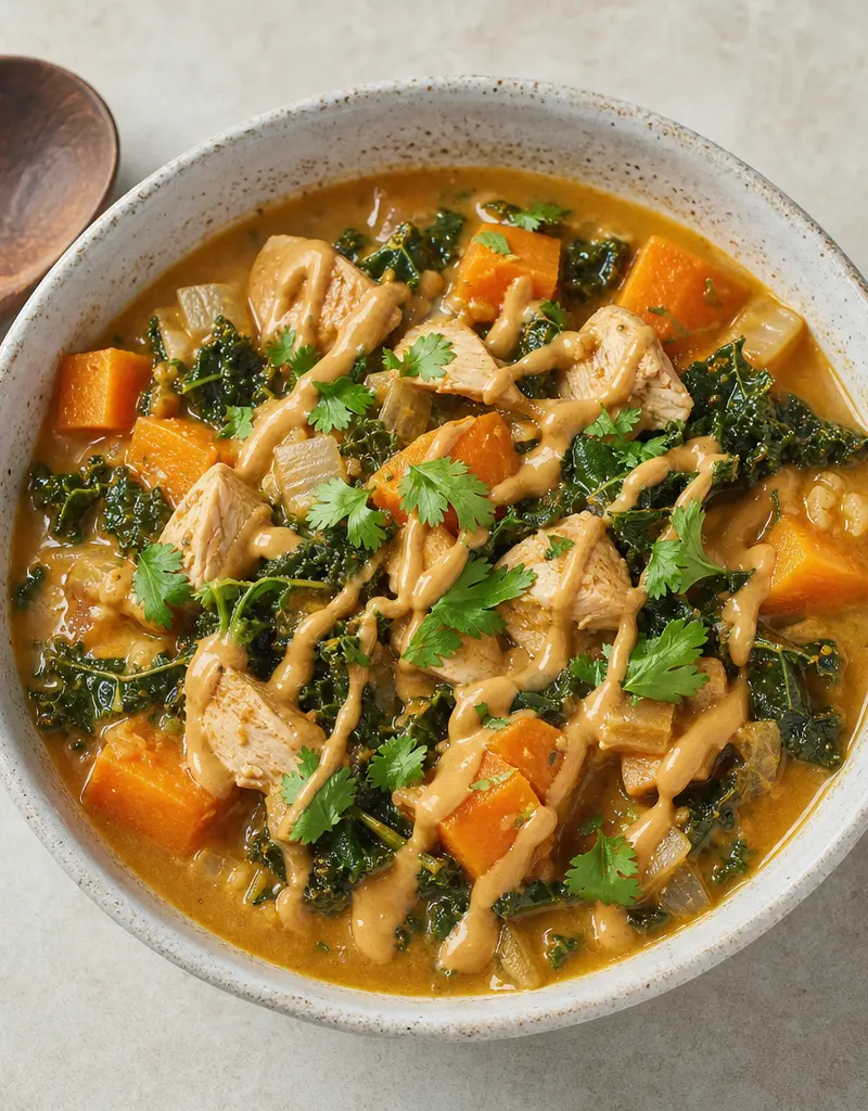 Sweet Potato, Kale, and Chicken Stew with Peanut Sauce prepared dish