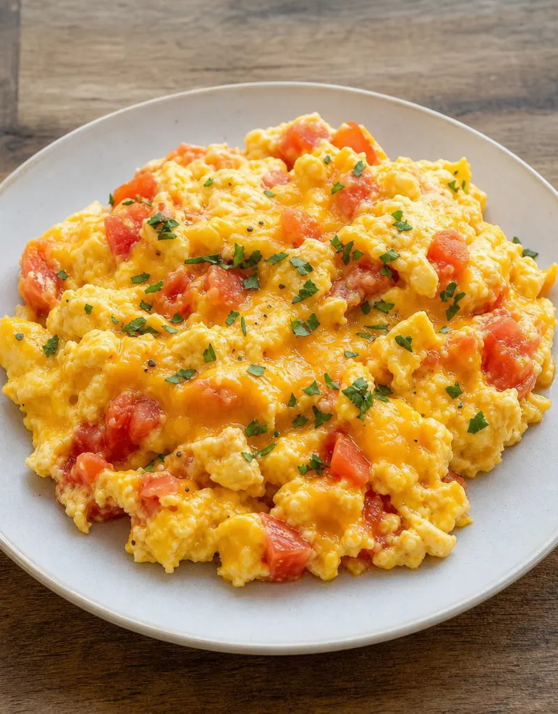 Cheese and Tomato Scrambled Eggs prepared dish