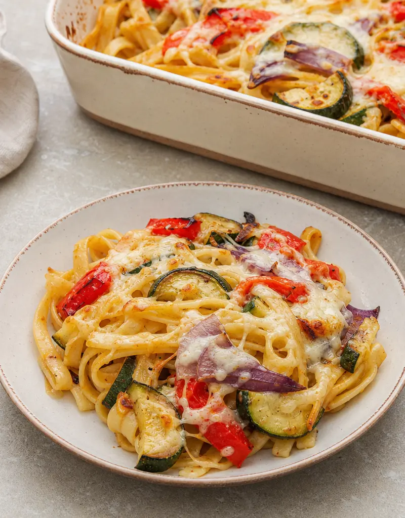 Fettuccine Pasta Bake with Roasted Vegetables prepared dish