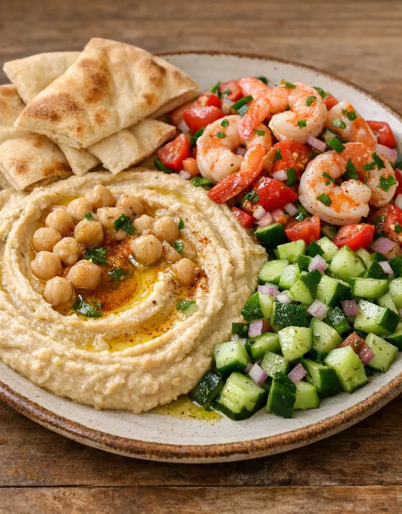 Mediterranean Meze Platter With Hummus, Shrimp Salad, And Cucumber Salad prepared dish