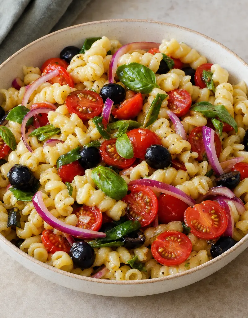 Sicilian Pasta Salad with Olives and Cherry Tomatoes prepared dish