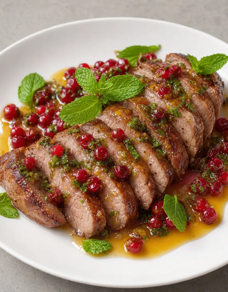 Lamb Fillet with Orange, Redcurrant, and Mint Sauce prepared dish