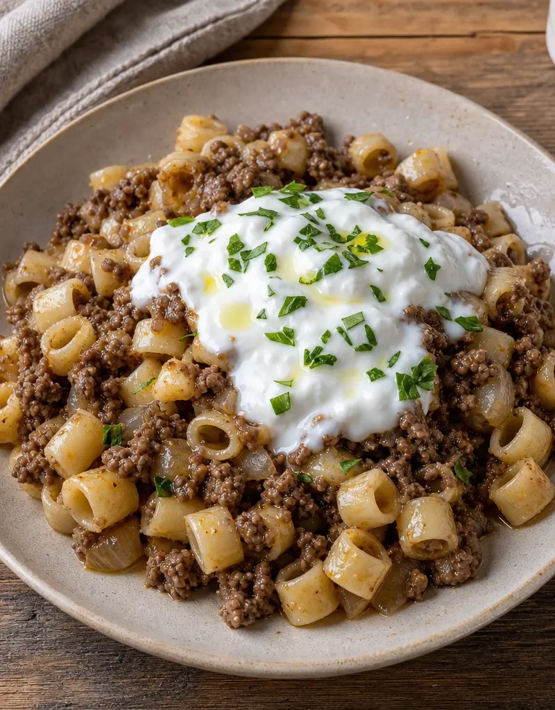 Pasta with Ground Beef and Yogurt prepared dish