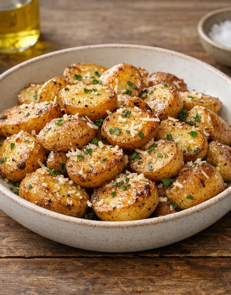 Golden Parmesan Roasted Potatoes prepared dish