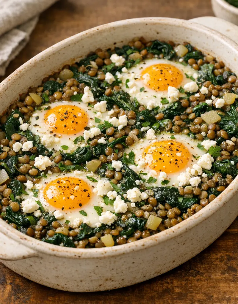 Baked Eggs With Lentils And Spinach prepared dish