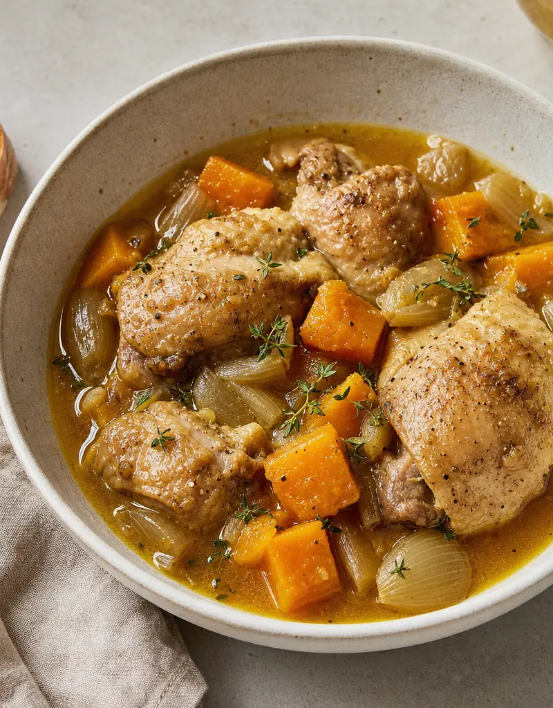 Chicken Stew with Shallots, Cider, and Butternut Squash prepared dish
