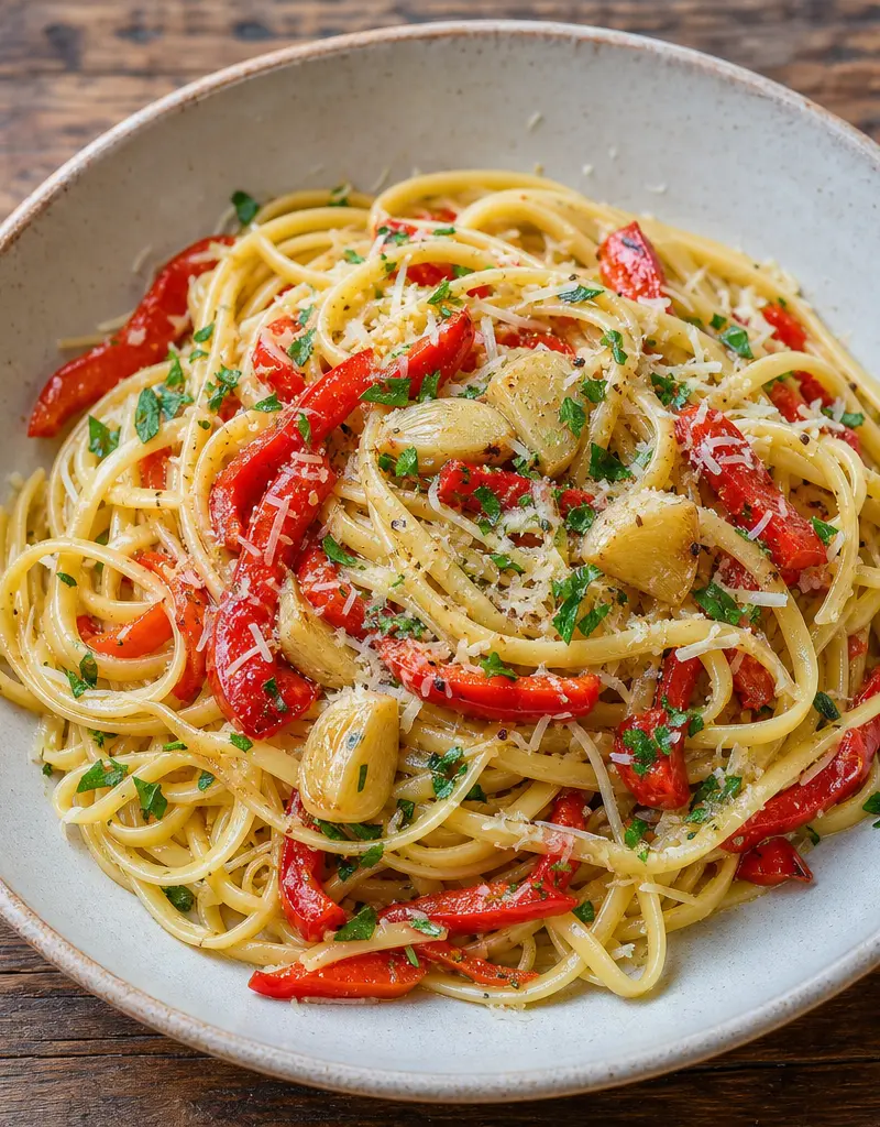 Linguini with Roasted Garlic and Red Peppers prepared dish
