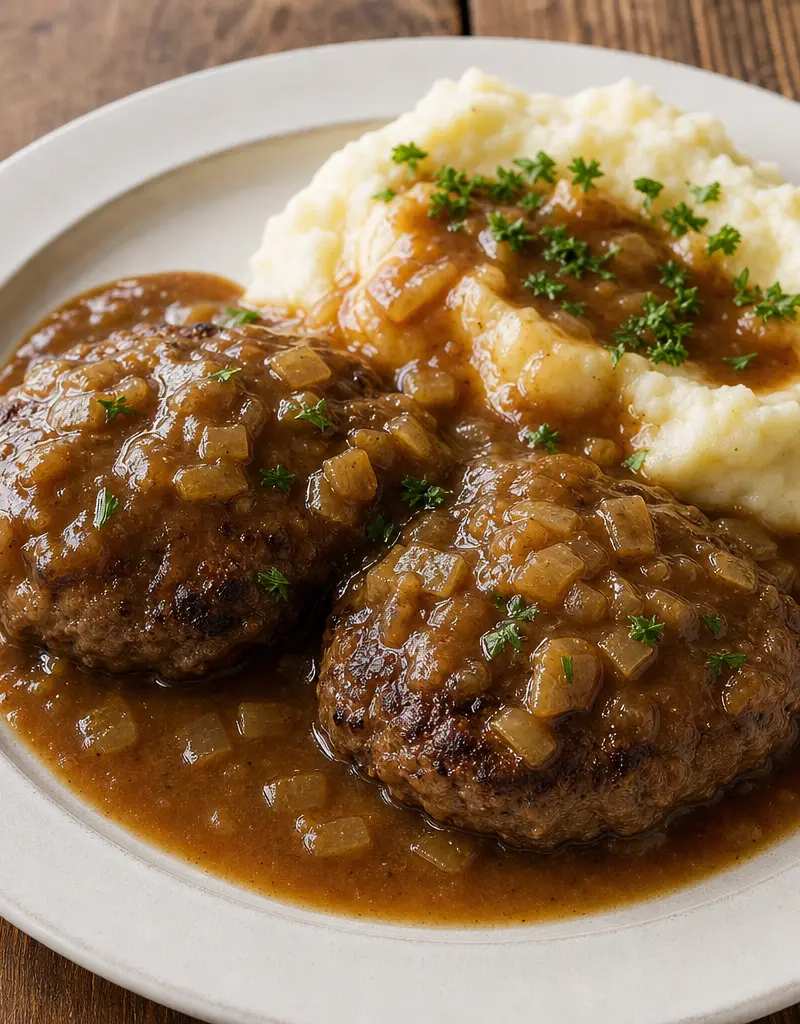 Smothered Beef Patties with Gravy prepared dish