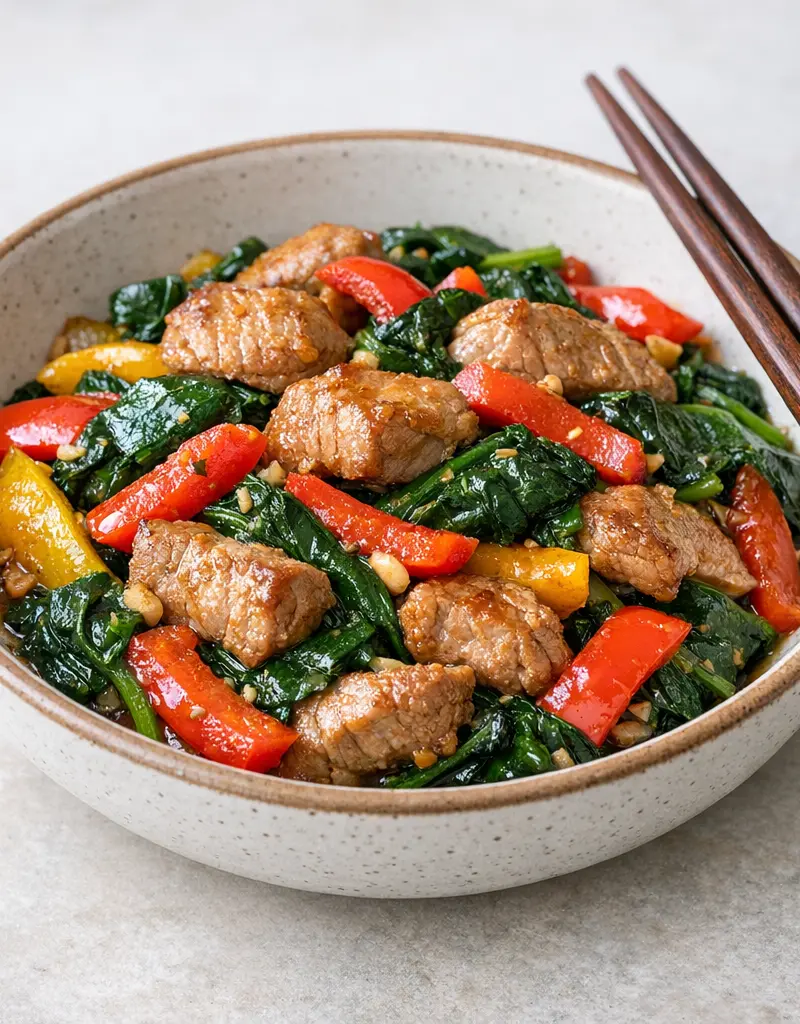 Pork Stir Fry With Spinach And Bell Peppers prepared dish