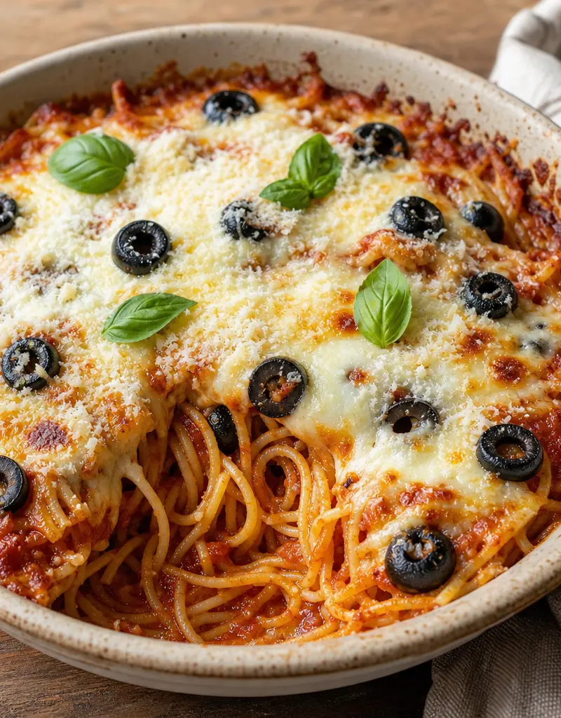 Baked Spaghetti with Olives and Cheese prepared dish