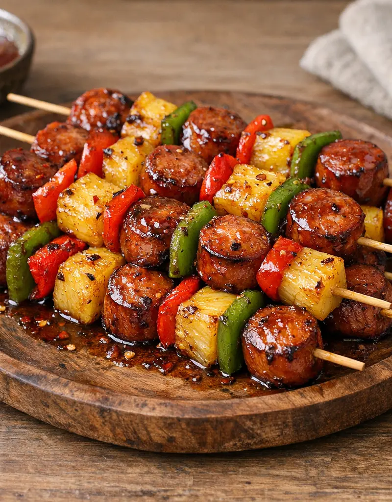 Sweet And Spicy Kielbasa Skewers prepared dish
