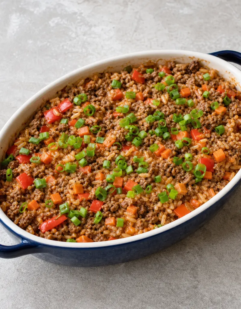 Asian Ground Beef Casserole prepared dish