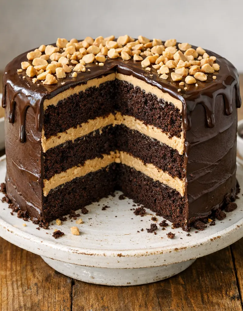 Chocolate Peanut Butter Layer Cake prepared dish