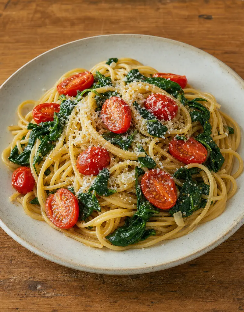 Spinach and Grape Tomato Spaghetti prepared dish