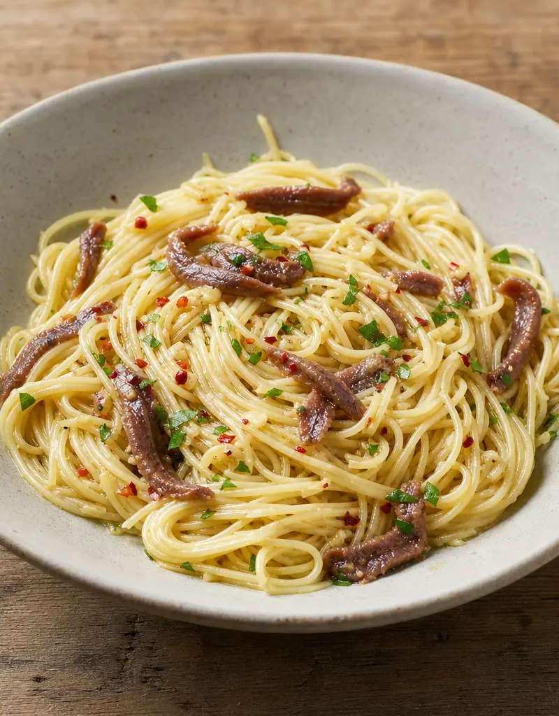 Angel Hair Pasta with Anchovy Sauce prepared dish