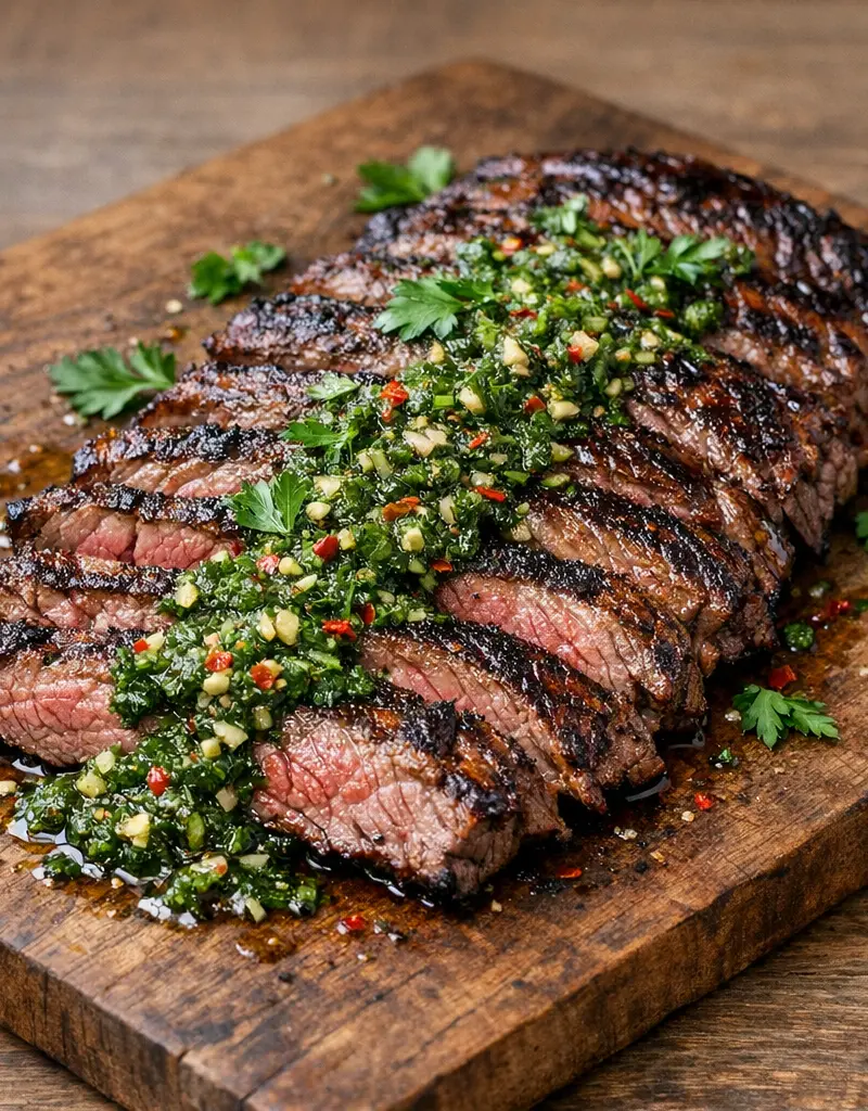 Grilled Skirt Steak With Chimichurri Sauce prepared dish