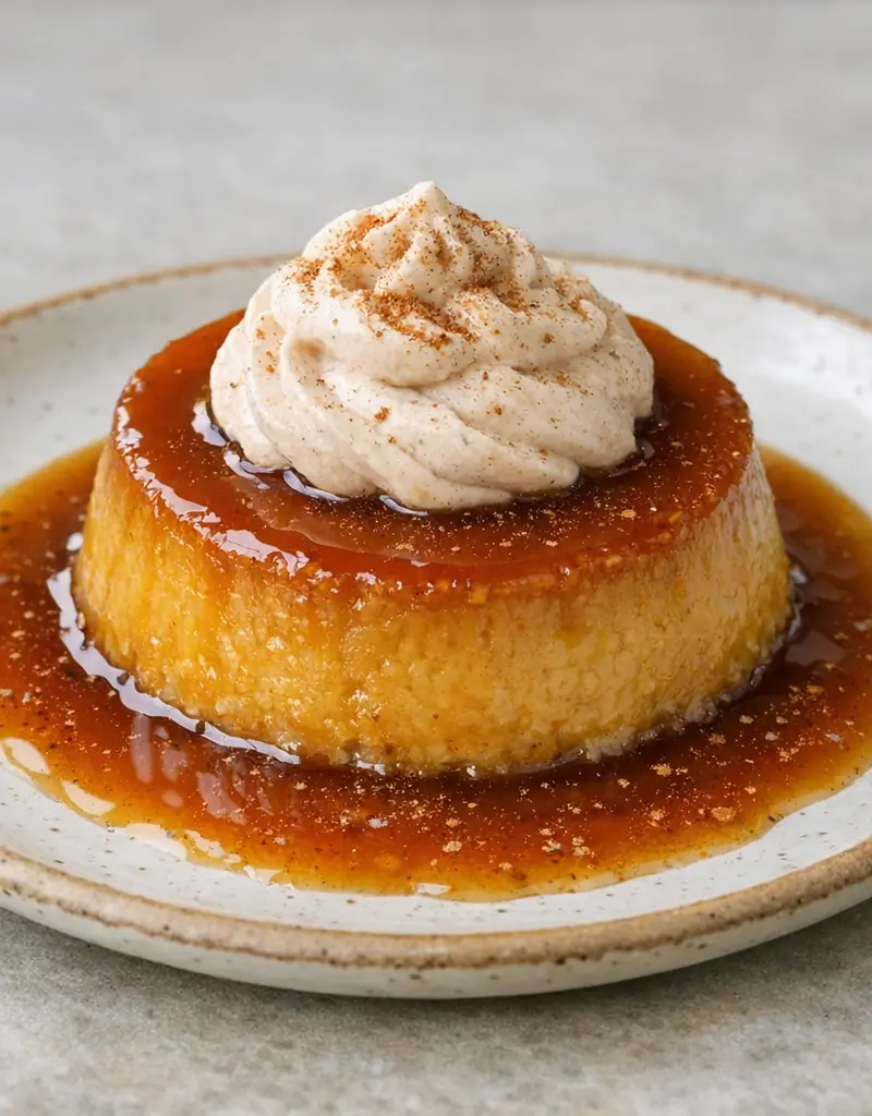 Pumpkin Flan With Caramel And Cinnamon Whipped Cream prepared dish