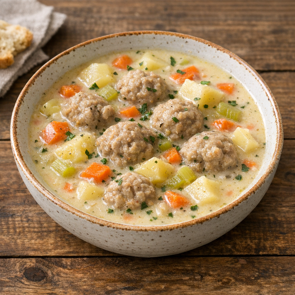 Creamy Potato Soup With Meat Dumplings prepared dish