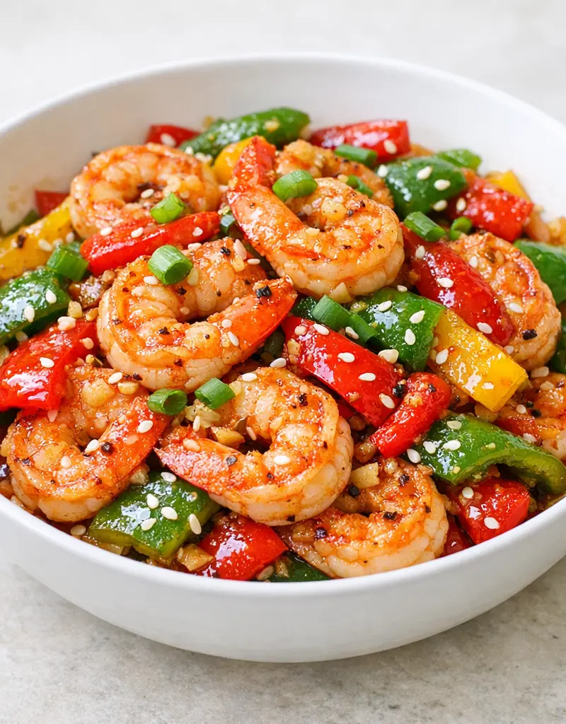 Spicy Three Pepper Shrimp Stir-fry prepared dish