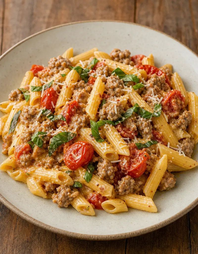 Creamy Sausage Pasta with Tomatoes prepared dish