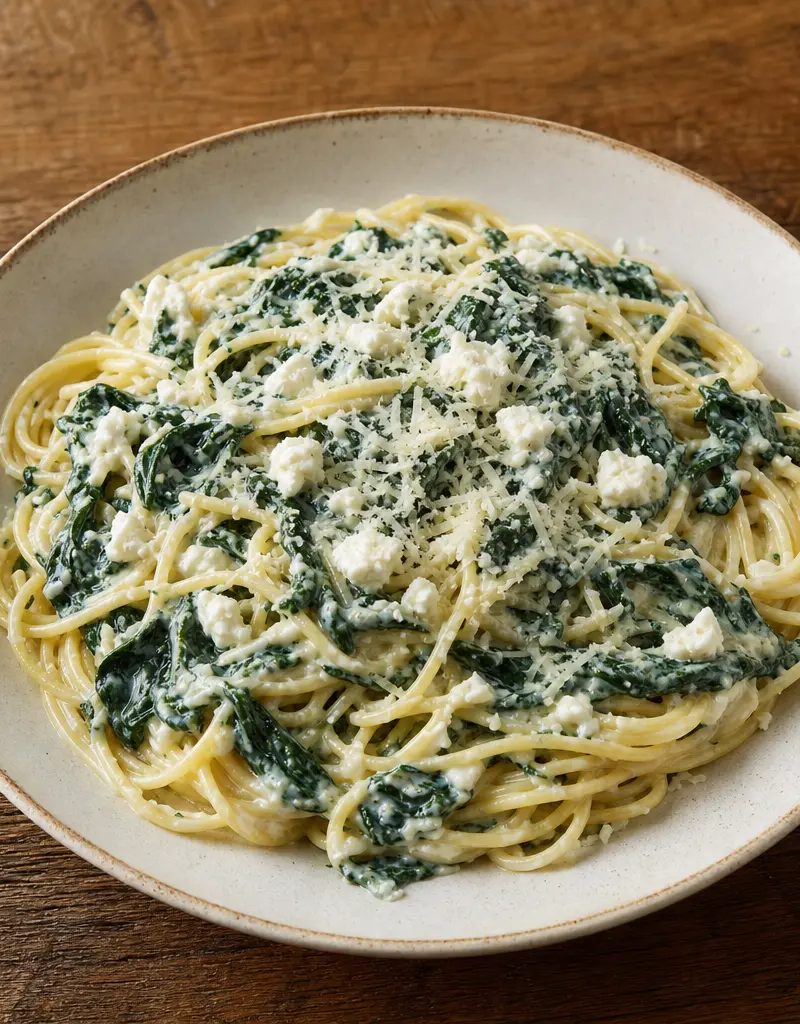 Spaghetti with Spinach and Feta Cheese Sauce prepared dish