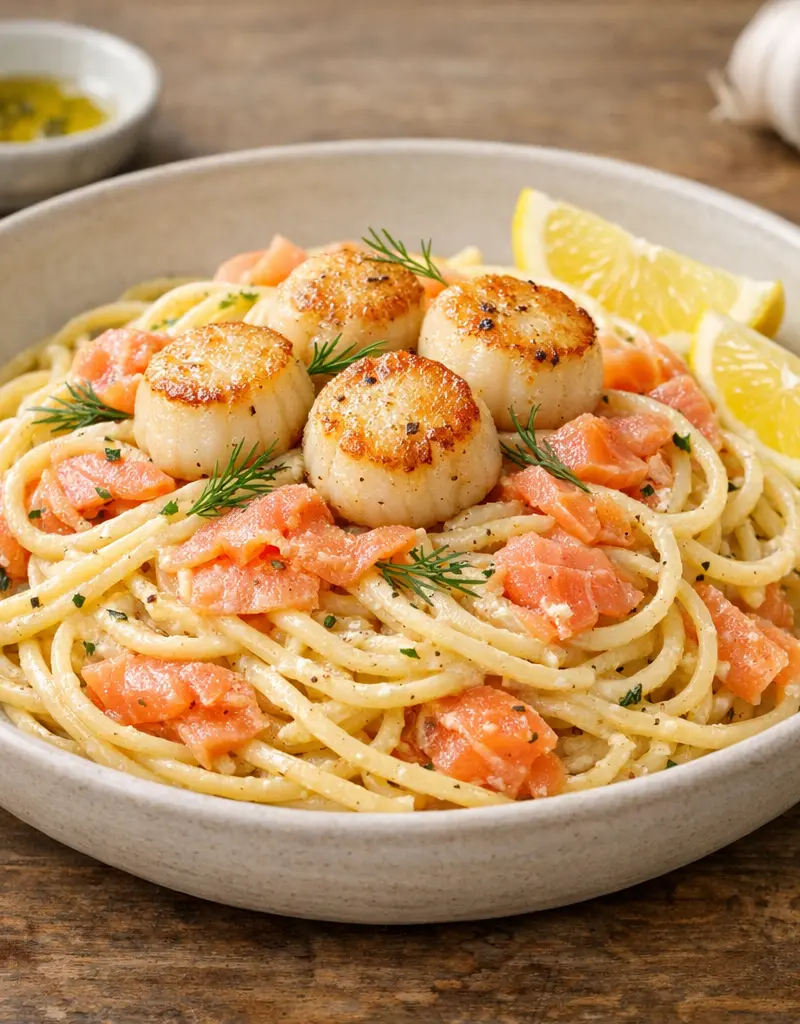 Scallops And Smoked Salmon Pasta prepared dish