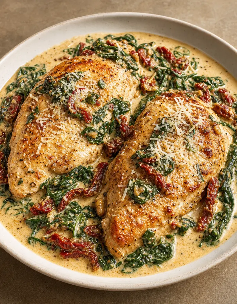 Tuscan Chicken with Spinach and Sun-dried Tomatoes prepared dish