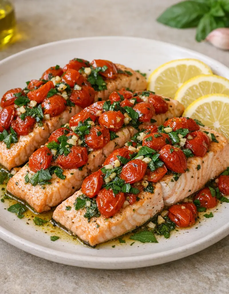 Baked Salmon With Tomatoes And Herbs prepared dish