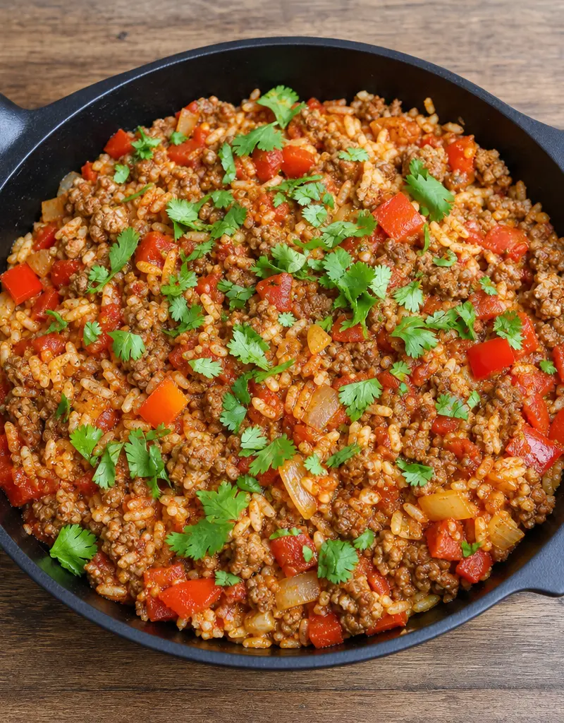 Spicy Beef and Rice Skillet prepared dish